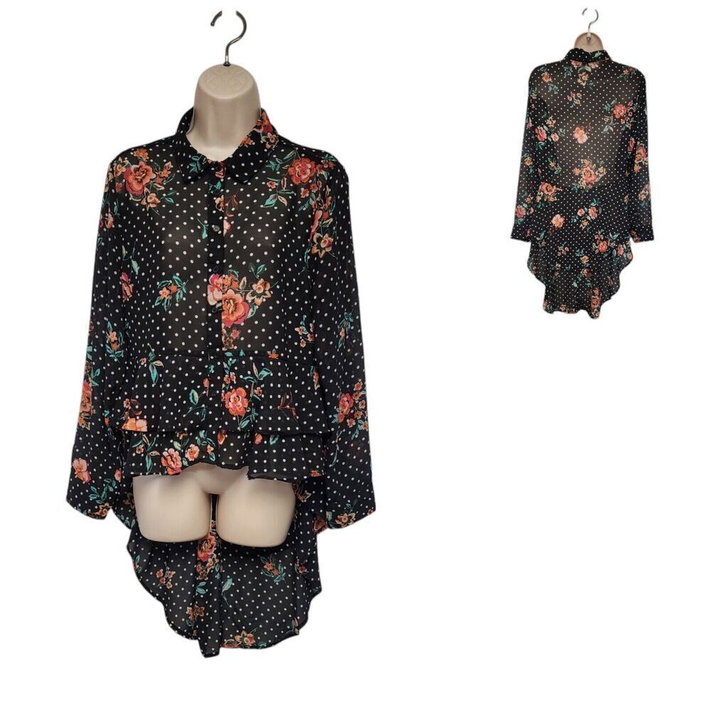 Star Style Polka-Dots Floral Sheer Lo-Hi Peplum Long Sleeve Blouse Multi-Black L